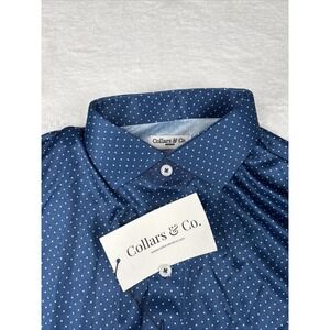 NWT Collars & Co Dress Collar Polo Shirt Men Med Navy Blue with White Polka Dots